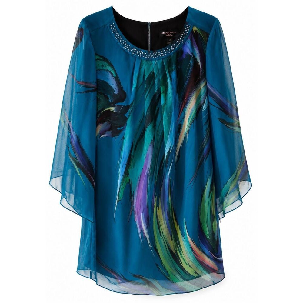 Signature by Robbie Bee Beaded Shift Dress Teal Blue Green Abstract Chiffon Sml